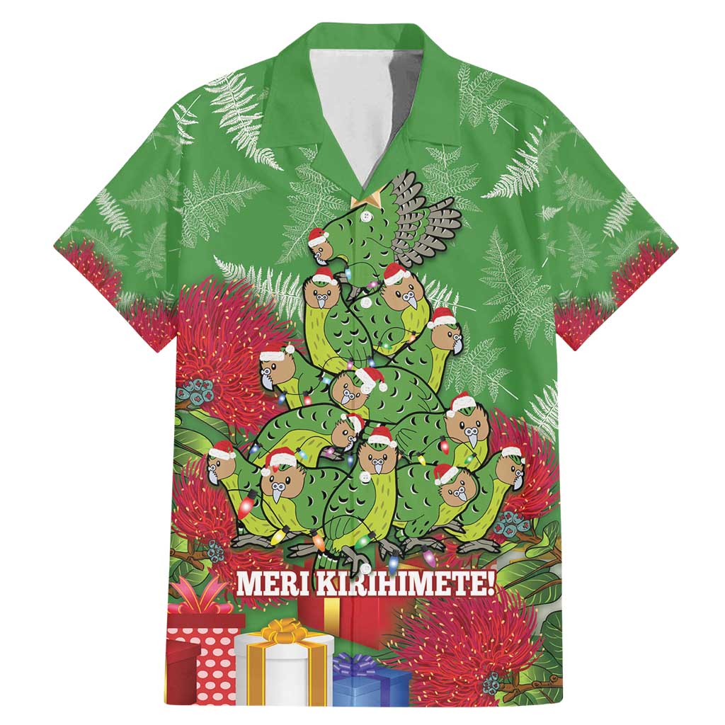 Kakapo New Zealand Christmas Family Matching Mermaid Dress and Hawaiian Shirt Meri Kirihimete Pohutukawa - Green Color LT14 Dad's Shirt - Short Sleeve Green - Polynesian Pride