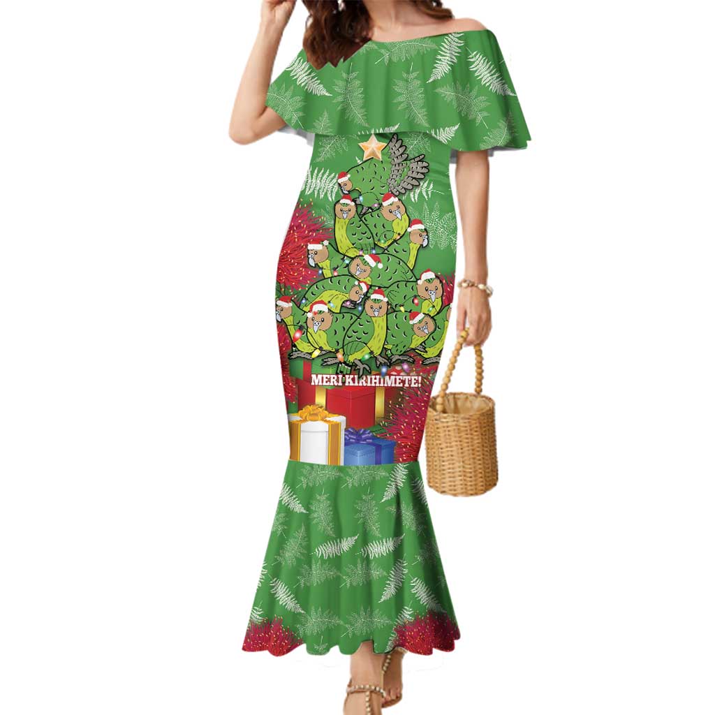 Kakapo New Zealand Christmas Family Matching Mermaid Dress and Hawaiian Shirt Meri Kirihimete Pohutukawa - Green Color LT14 Mom's Dress Green - Polynesian Pride