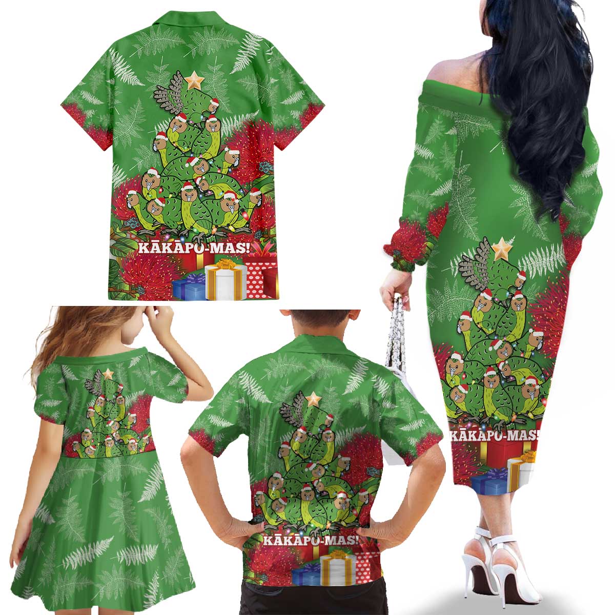 Kakapo New Zealand Christmas Family Matching Off The Shoulder Long Sleeve Dress and Hawaiian Shirt Meri Kirihimete Pohutukawa - Green Color LT14 - Polynesian Pride