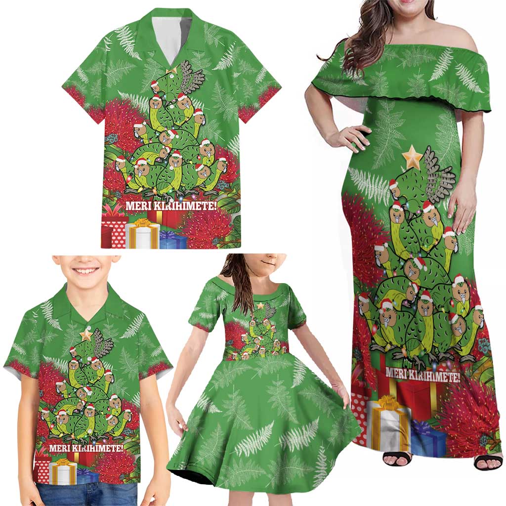 Kakapo New Zealand Christmas Family Matching Off Shoulder Maxi Dress and Hawaiian Shirt Meri Kirihimete Pohutukawa - Green Color LT14 - Polynesian Pride