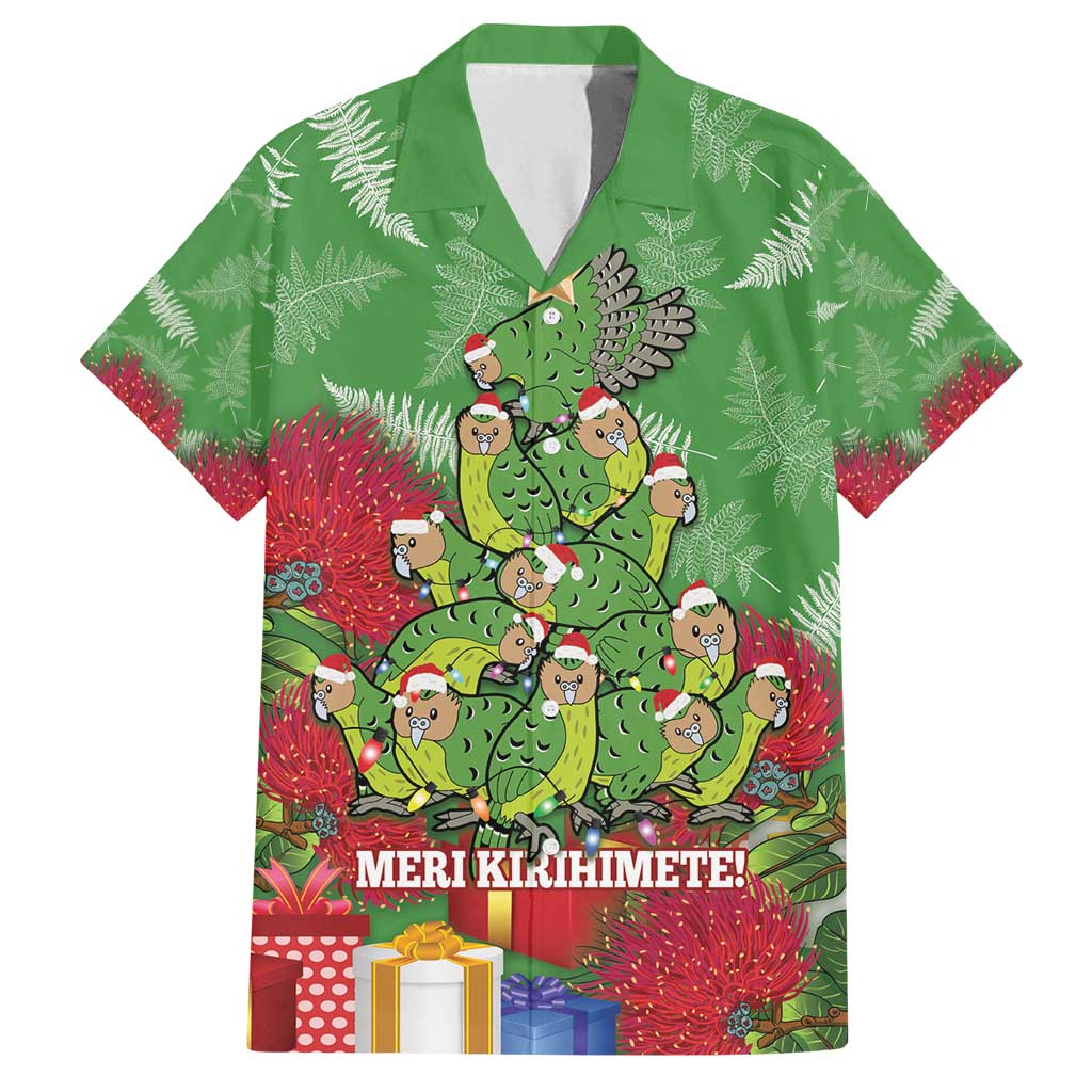 Kakapo New Zealand Christmas Family Matching Off Shoulder Maxi Dress and Hawaiian Shirt Meri Kirihimete Pohutukawa - Green Color LT14 Dad's Shirt - Short Sleeve Green - Polynesian Pride