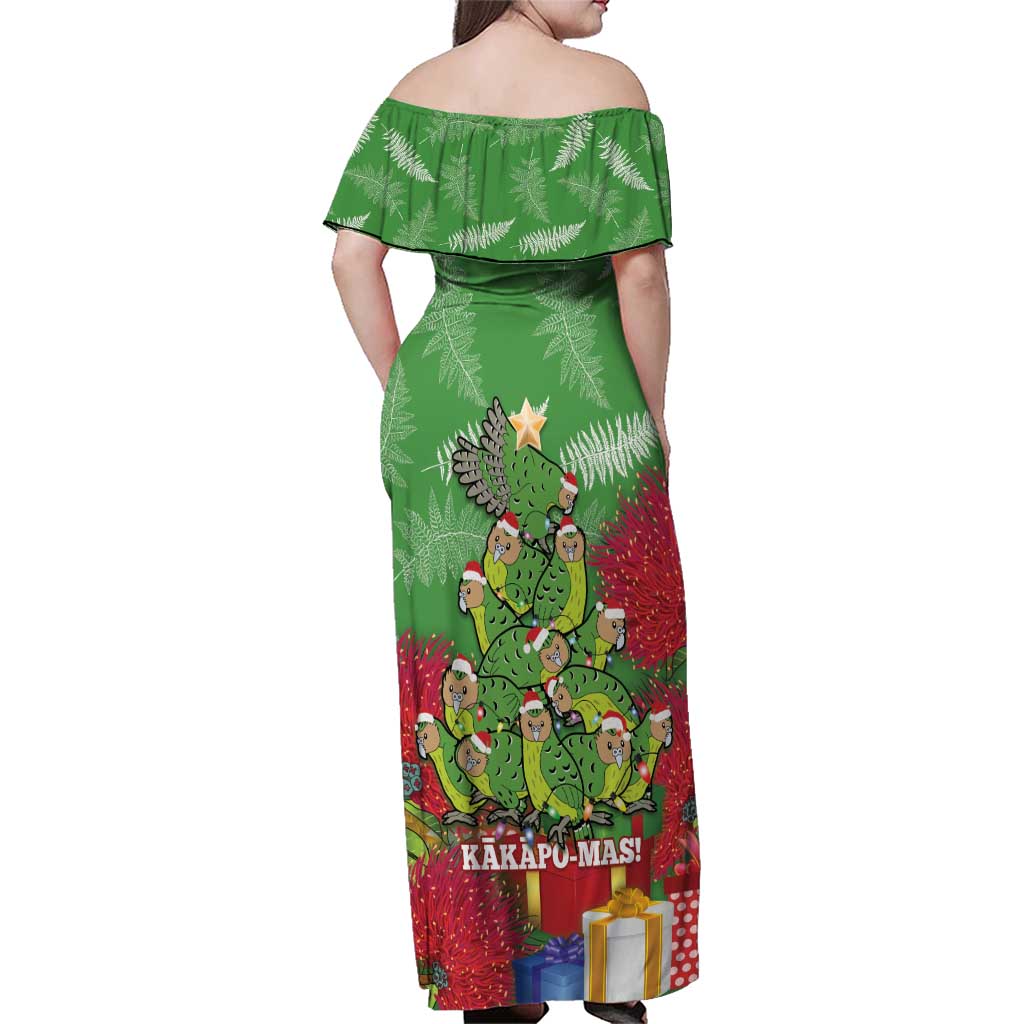 Kakapo New Zealand Christmas Family Matching Off Shoulder Maxi Dress and Hawaiian Shirt Meri Kirihimete Pohutukawa - Green Color LT14 - Polynesian Pride