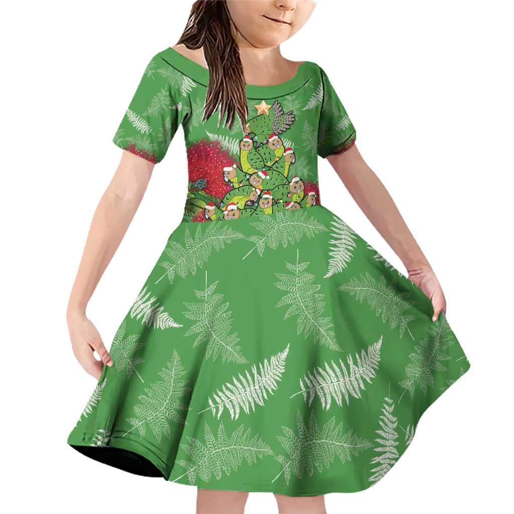 Kakapo New Zealand Christmas Family Matching Off Shoulder Short Dress and Hawaiian Shirt Meri Kirihimete Pohutukawa - Green Color LT14 Daughter's Dress Green - Polynesian Pride