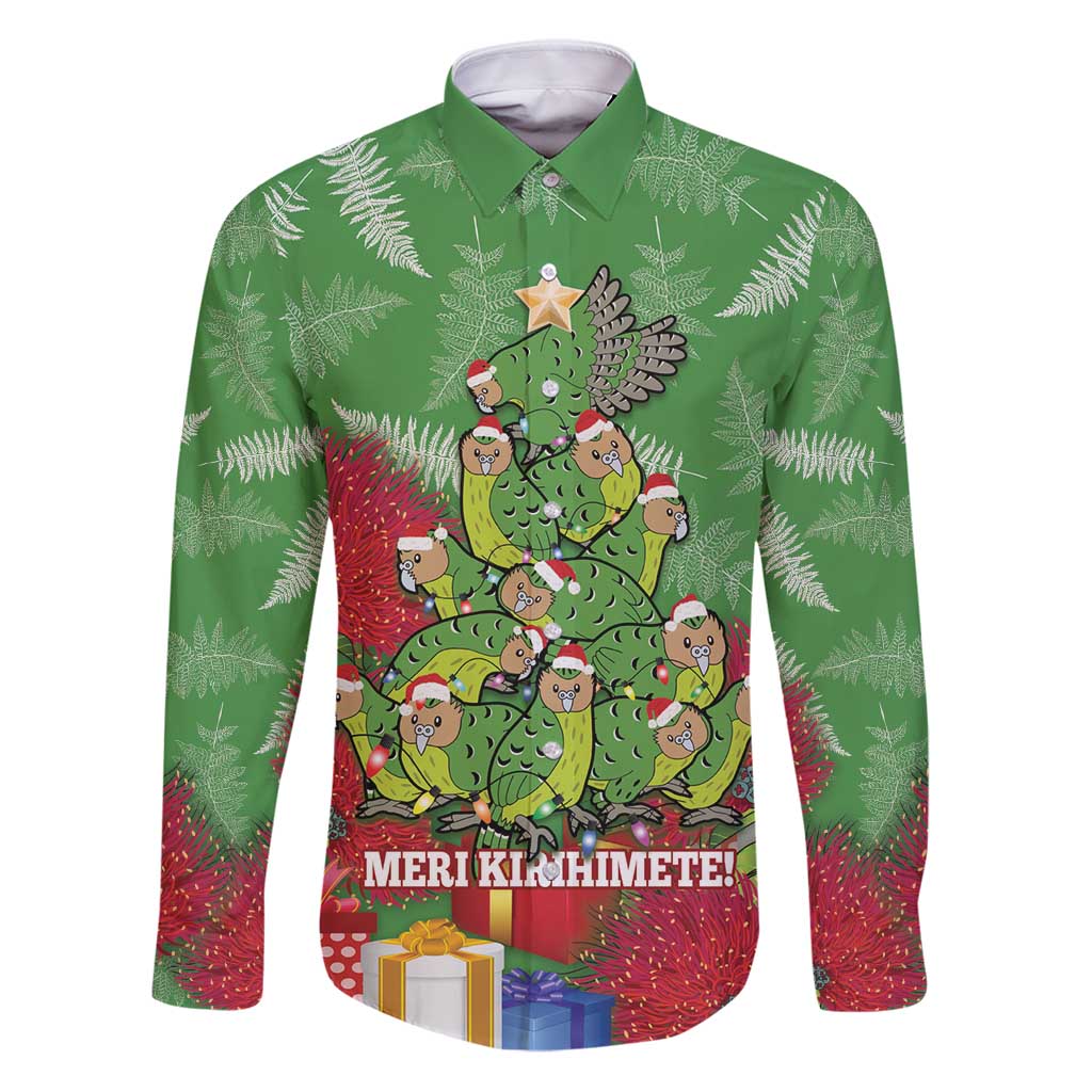 Kakapo New Zealand Christmas Family Matching Puletasi and Hawaiian Shirt Meri Kirihimete Pohutukawa - Green Color LT14 Dad's Shirt - Long Sleeve Green - Polynesian Pride