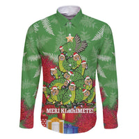 Kakapo New Zealand Christmas Family Matching Summer Maxi Dress and Hawaiian Shirt Meri Kirihimete Pohutukawa - Green Color LT14 Dad's Shirt - Long Sleeve Green - Polynesian Pride
