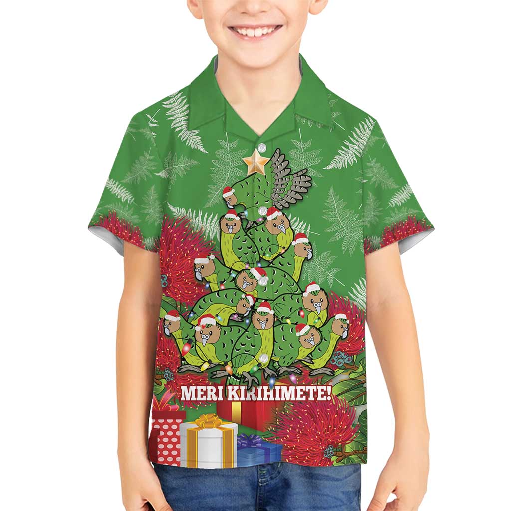 Kakapo New Zealand Christmas Family Matching Summer Maxi Dress and Hawaiian Shirt Meri Kirihimete Pohutukawa - Green Color LT14 Son's Shirt Green - Polynesian Pride