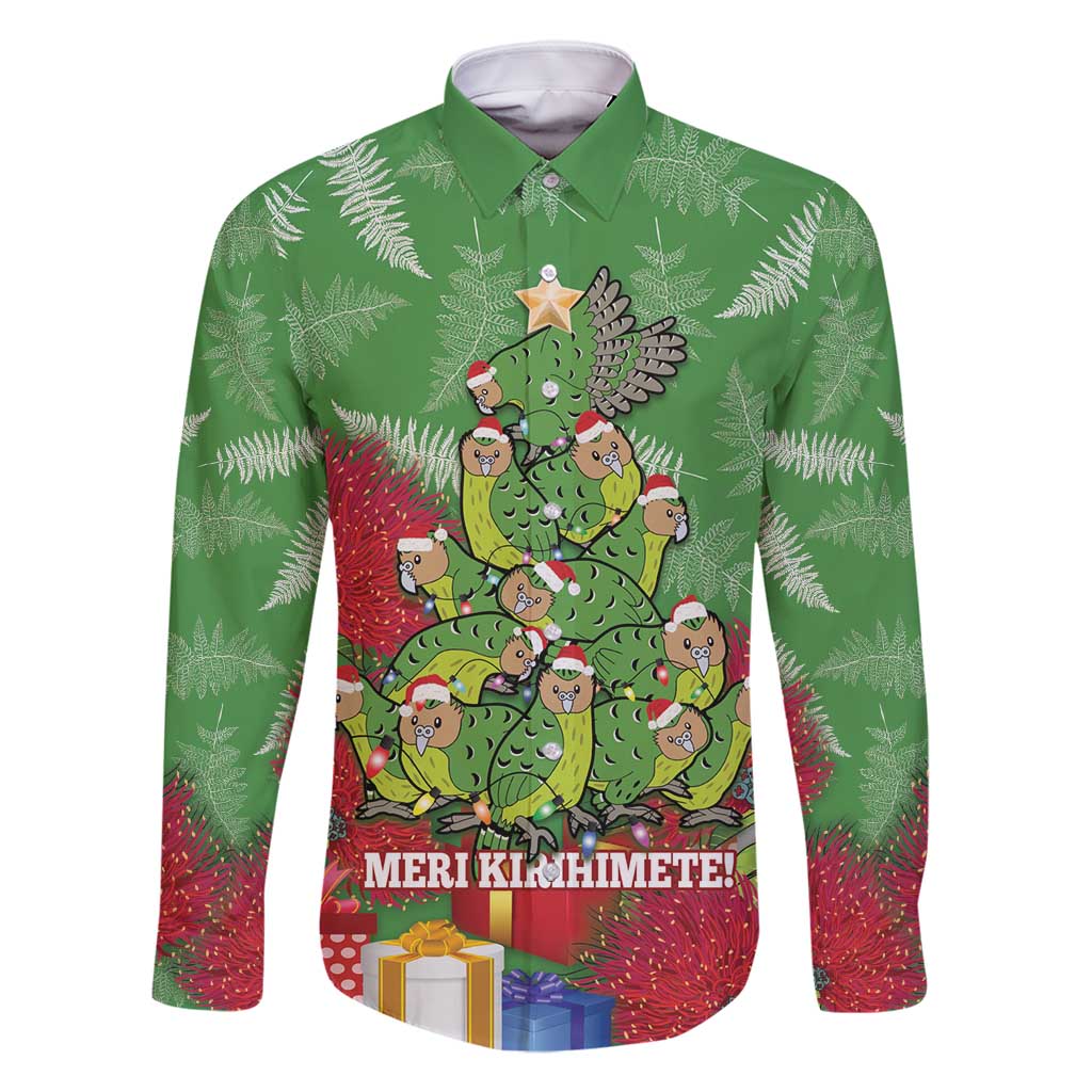 Kakapo New Zealand Christmas Family Matching Tank Maxi Dress and Hawaiian Shirt Meri Kirihimete Pohutukawa - Green Color LT14 Dad's Shirt - Long Sleeve Green - Polynesian Pride