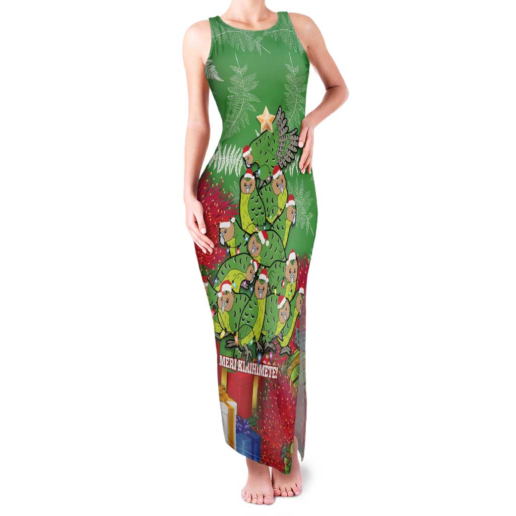 Kakapo New Zealand Christmas Family Matching Tank Maxi Dress and Hawaiian Shirt Meri Kirihimete Pohutukawa - Green Color LT14 Mom's Dress Green - Polynesian Pride
