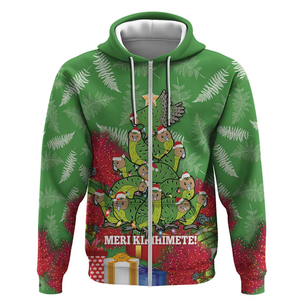Kakapo New Zealand Christmas Hoodie Meri Kirihimete Pohutukawa - Green Color LT14 Zip Hoodie Green - Polynesian Pride