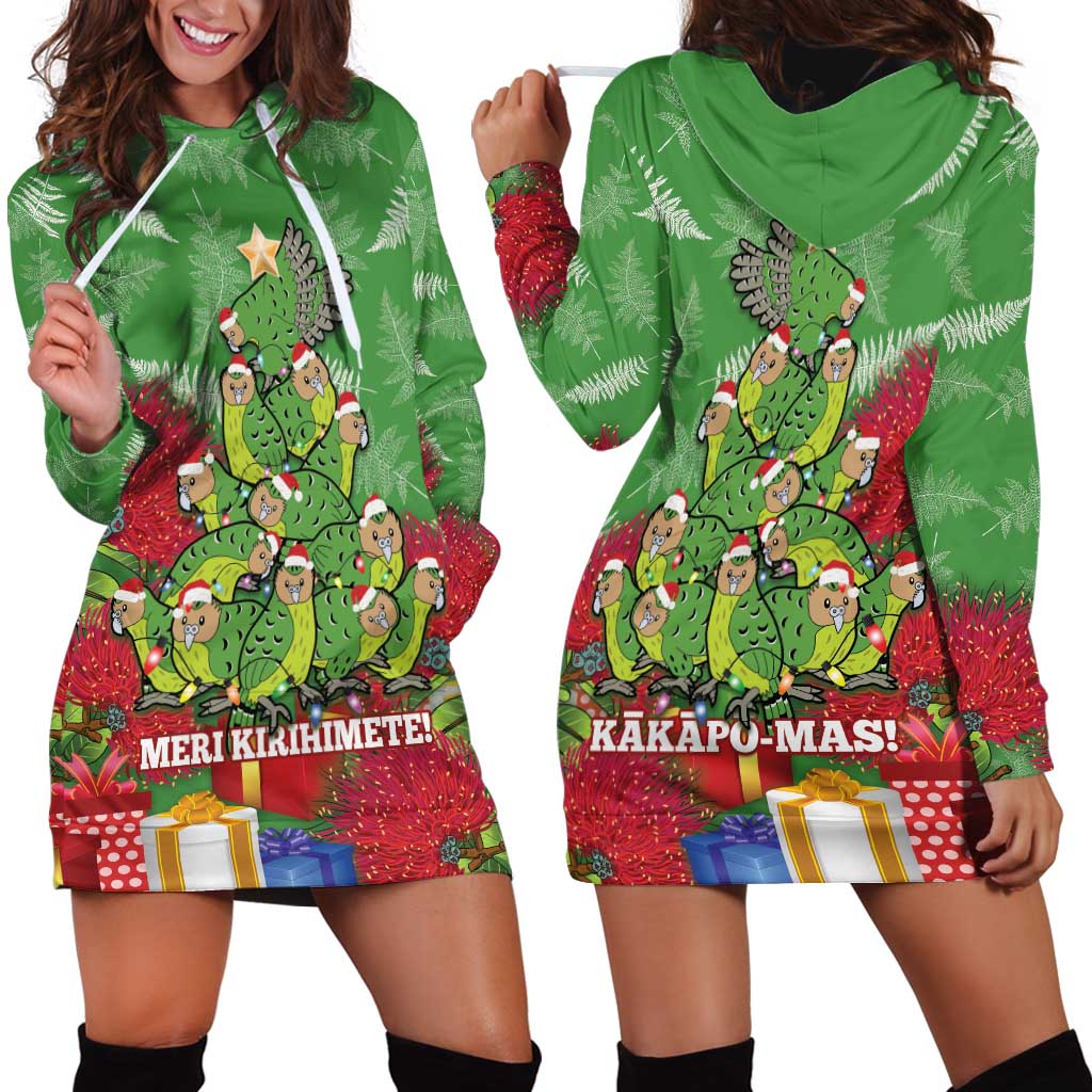 Kakapo New Zealand Christmas Hoodie Dress Meri Kirihimete Pohutukawa - Green Color LT14 - Polynesian Pride