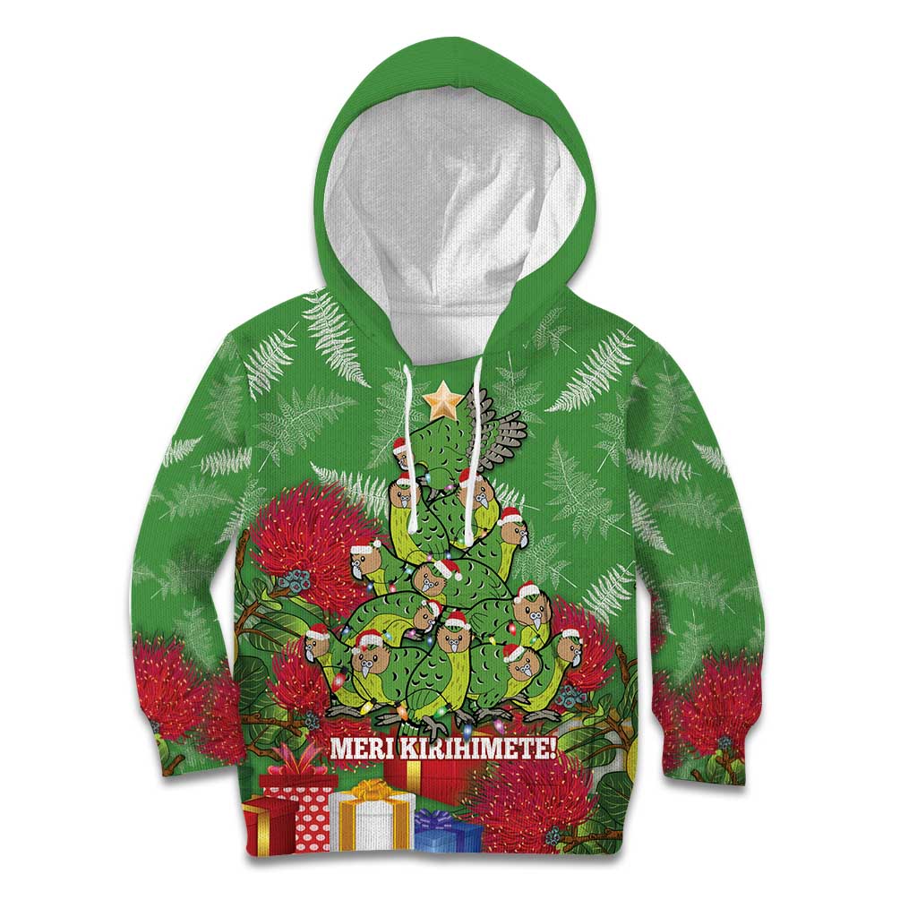 Kakapo New Zealand Christmas Kid Hoodie Meri Kirihimete Pohutukawa - Green Color LT14 Hoodie Green - Polynesian Pride