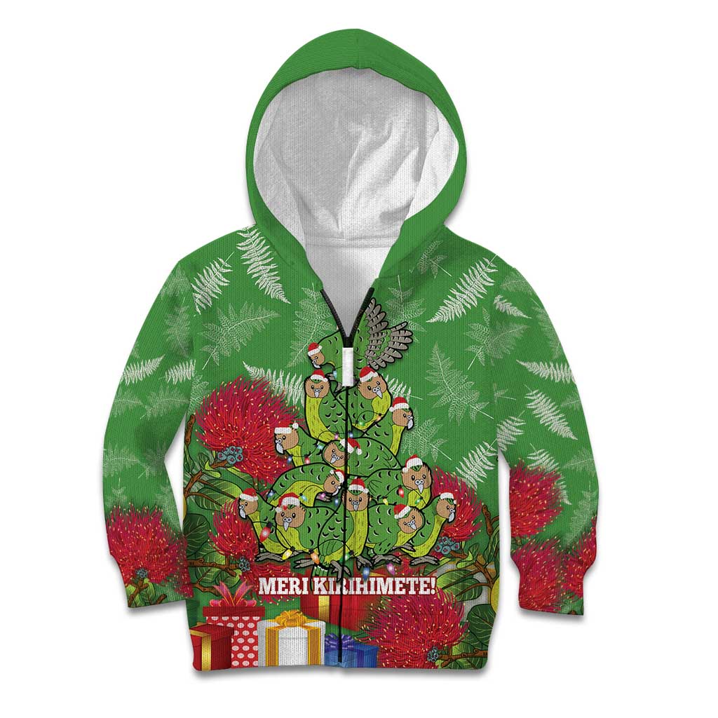 Kakapo New Zealand Christmas Kid Hoodie Meri Kirihimete Pohutukawa - Green Color LT14 Zip Hoodie Green - Polynesian Pride