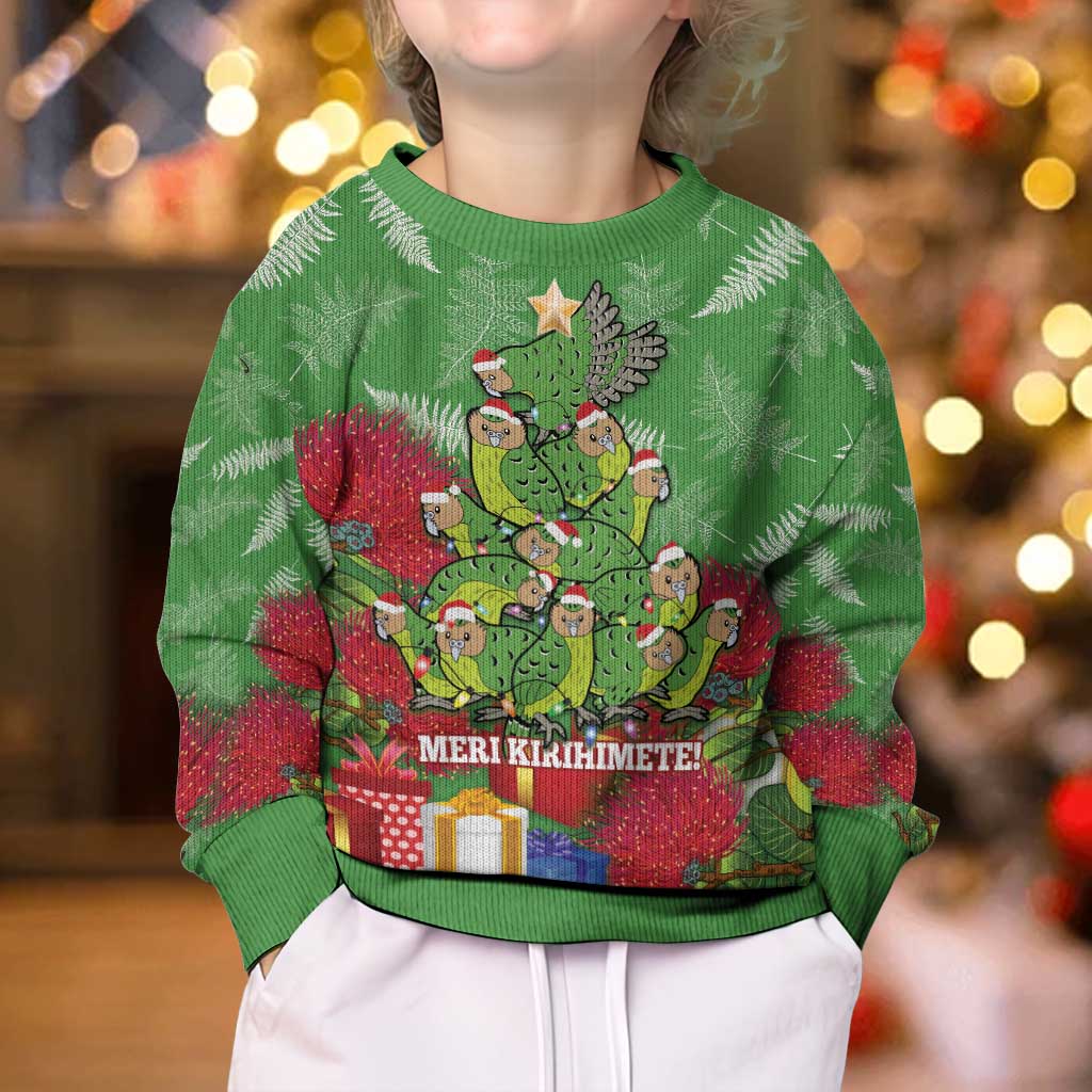 Kakapo New Zealand Christmas Kid Ugly Christmas Sweater Meri Kirihimete Pohutukawa - Green Color LT14 - Polynesian Pride