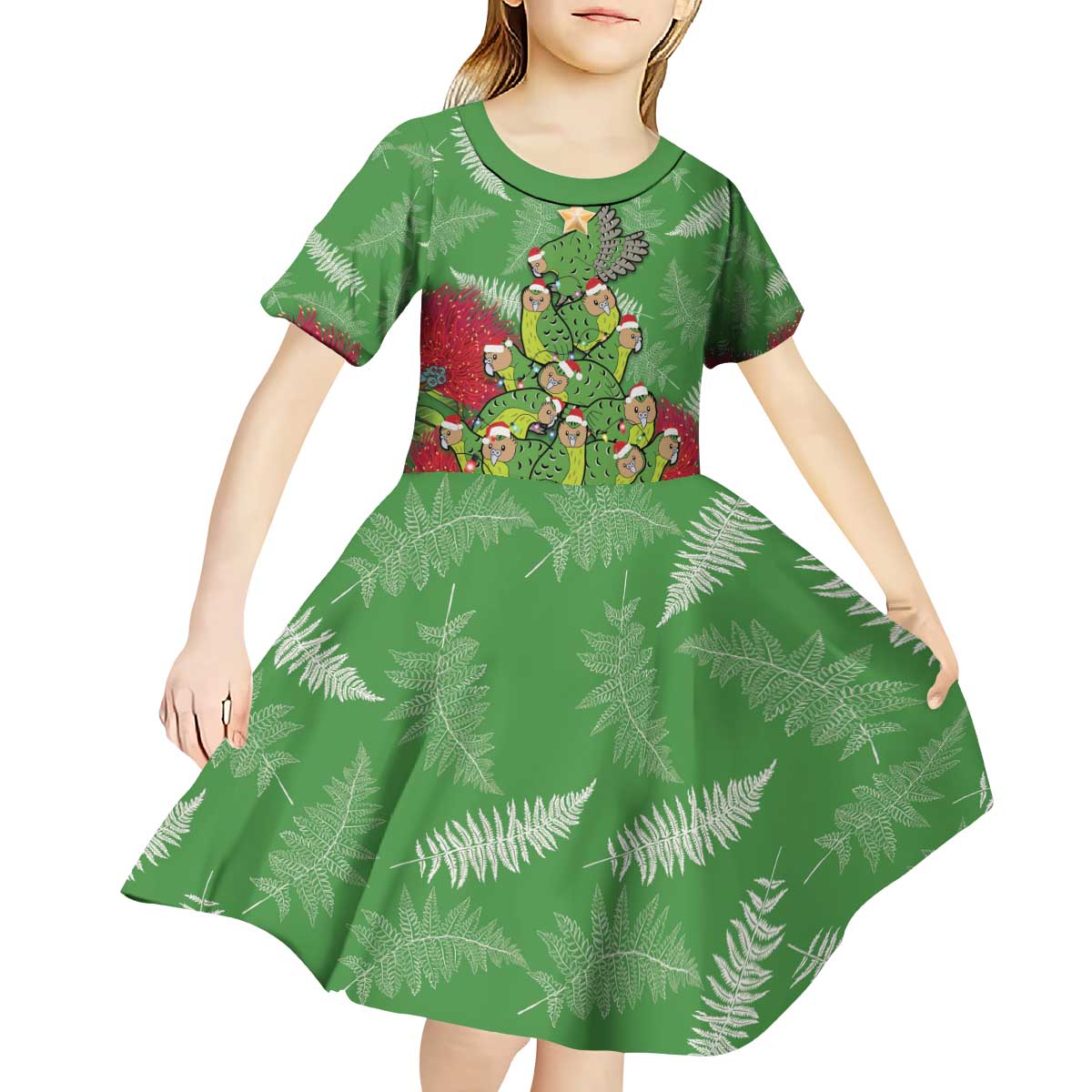 Kakapo New Zealand Christmas Kid Short Sleeve Dress Meri Kirihimete Pohutukawa - Green Color LT14 - Polynesian Pride