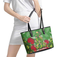 Kakapo New Zealand Christmas Leather Tote Bag Meri Kirihimete Pohutukawa - Green Color LT14 - Polynesian Pride