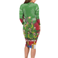 Kakapo New Zealand Christmas Long Sleeve Bodycon Dress Meri Kirihimete Pohutukawa - Green Color LT14 - Polynesian Pride