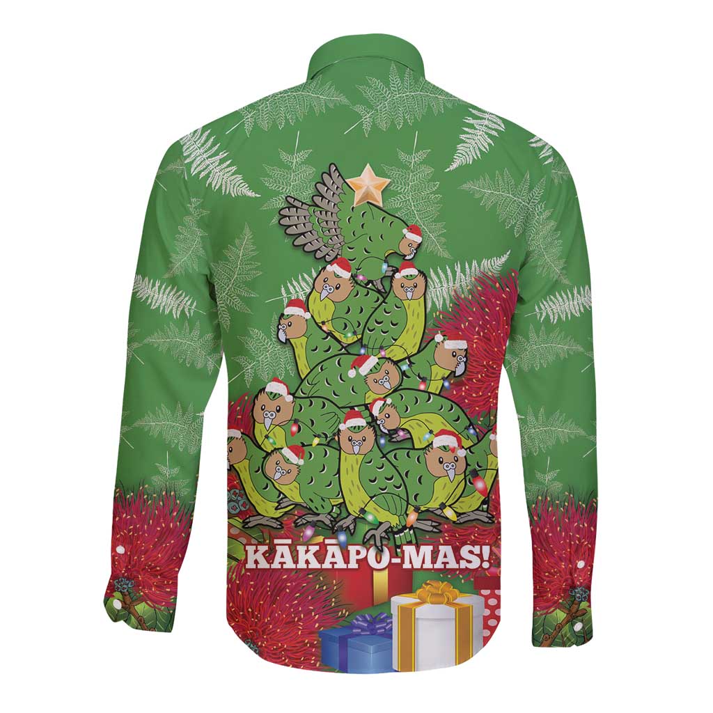 Kakapo New Zealand Christmas Long Sleeve Button Shirt Meri Kirihimete Pohutukawa - Green Color LT14 - Polynesian Pride