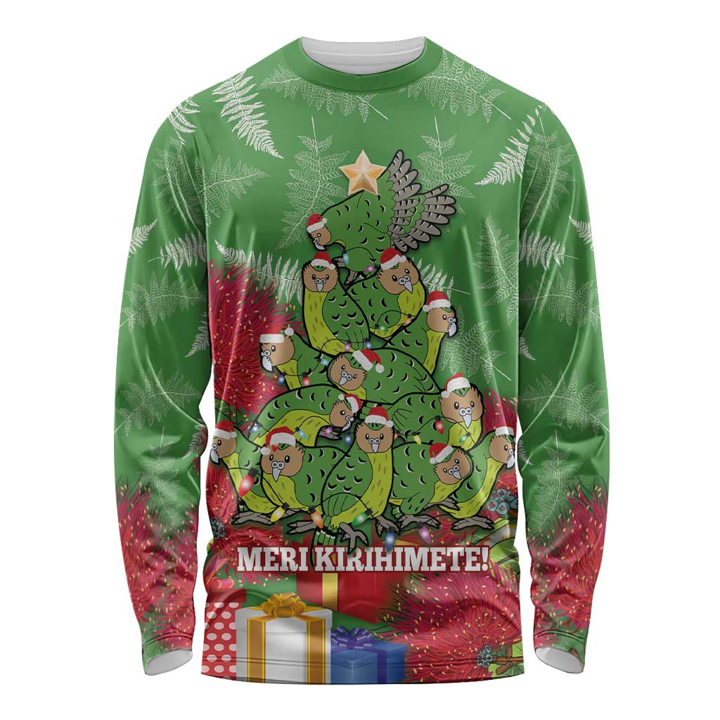 Kakapo New Zealand Christmas Long Sleeve Shirt Meri Kirihimete Pohutukawa - Green Color LT14 Unisex Green - Polynesian Pride