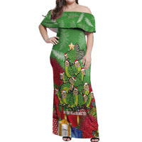 Kakapo New Zealand Christmas Off Shoulder Maxi Dress Meri Kirihimete Pohutukawa - Green Color LT14 Women Green - Polynesian Pride