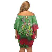 Kakapo New Zealand Christmas Off Shoulder Short Dress Meri Kirihimete Pohutukawa - Green Color LT14 - Polynesian Pride