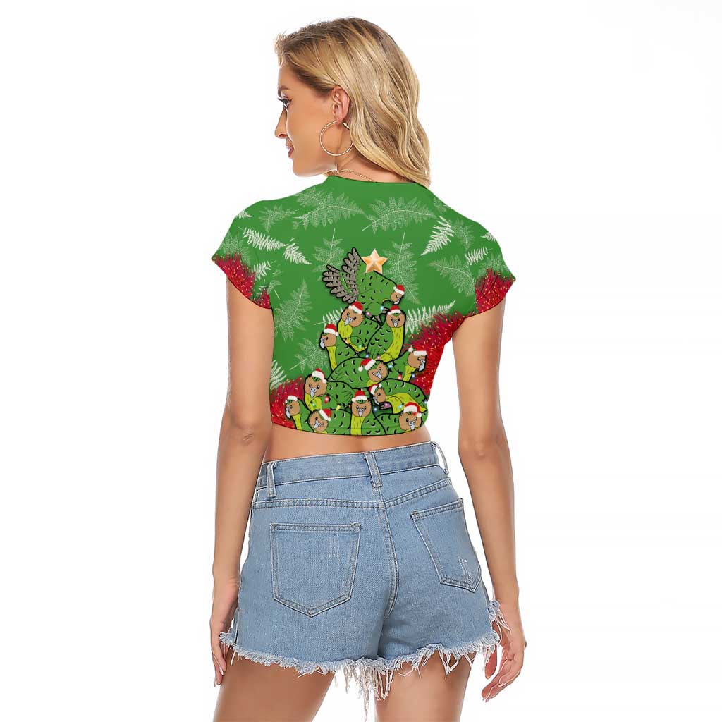 Kakapo New Zealand Christmas Raglan Cropped T Shirt Meri Kirihimete Pohutukawa - Green Color LT14 - Polynesian Pride