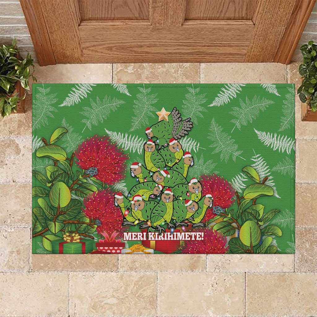 Kakapo New Zealand Christmas Rubber Doormat Meri Kirihimete Pohutukawa - Green Color LT14 Green - Polynesian Pride