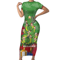 Kakapo New Zealand Christmas Short Sleeve Bodycon Dress Meri Kirihimete Pohutukawa - Green Color LT14 Long Dress Green - Polynesian Pride