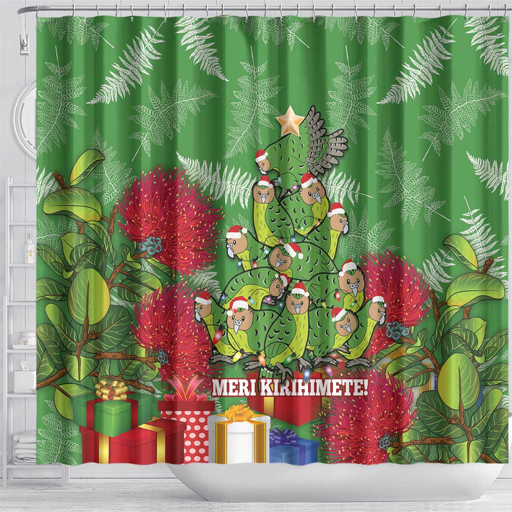Kakapo New Zealand Christmas Shower Curtain Meri Kirihimete Pohutukawa - Green Color LT14 - Polynesian Pride