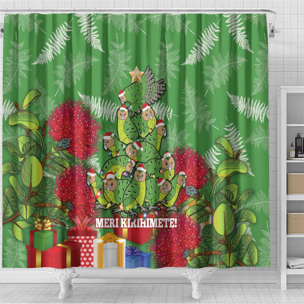 Kakapo New Zealand Christmas Shower Curtain Meri Kirihimete Pohutukawa - Green Color LT14 - Polynesian Pride