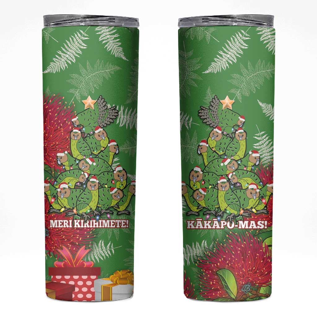 Kakapo New Zealand Christmas Skinny Tumbler Meri Kirihimete Pohutukawa - Green Color LT14 Green - Polynesian Pride