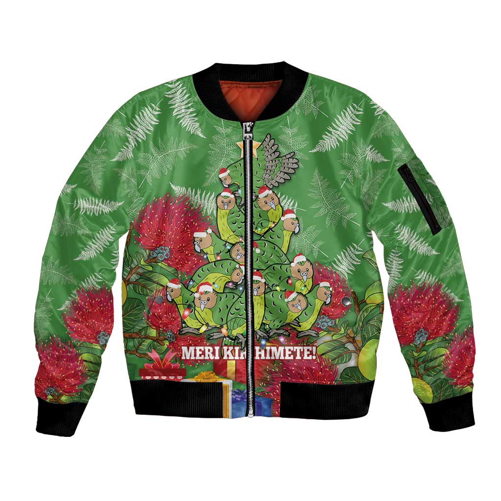 Kakapo New Zealand Christmas Sleeve Zip Bomber Jacket Meri Kirihimete Pohutukawa - Green Color LT14 Unisex Green - Polynesian Pride