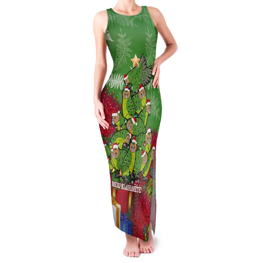 Kakapo New Zealand Christmas Tank Maxi Dress Meri Kirihimete Pohutukawa - Green Color LT14 Women Green - Polynesian Pride