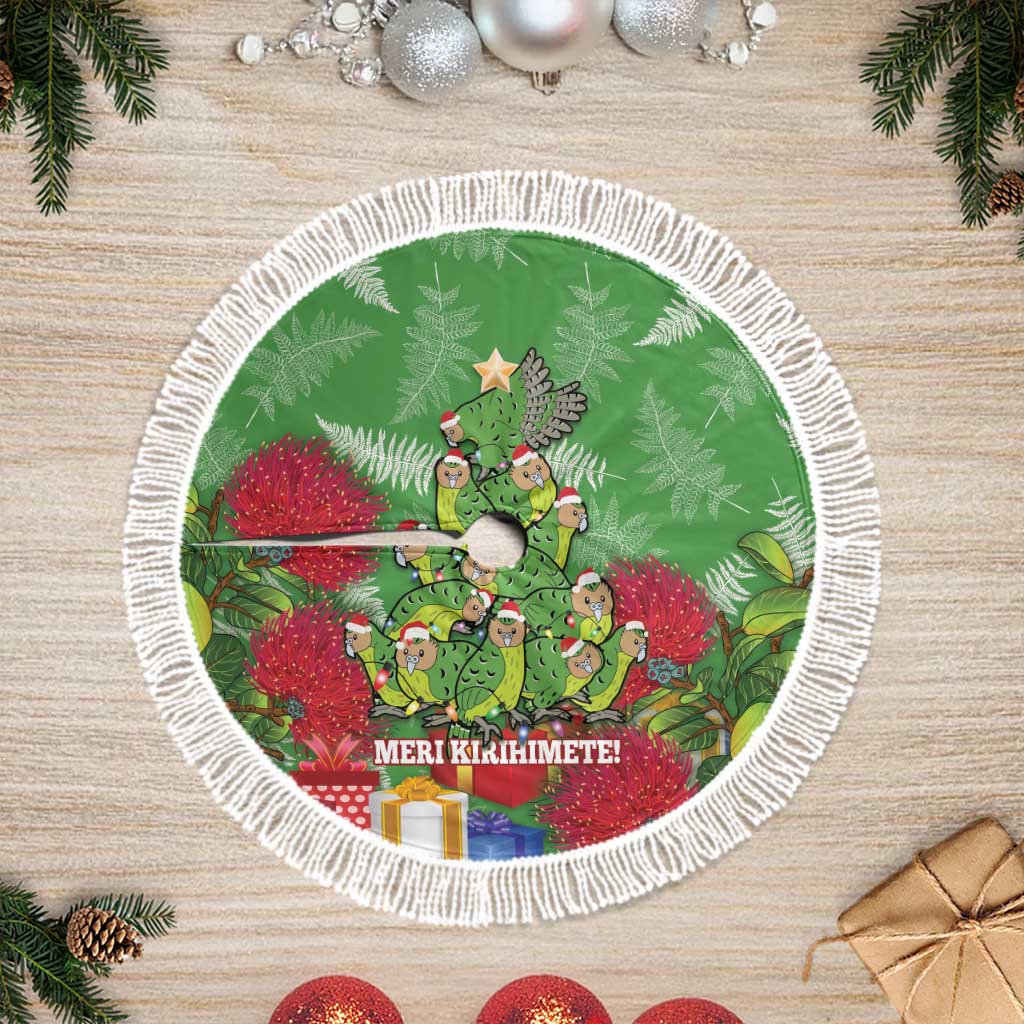 Kakapo New Zealand Christmas Tree Skirt Meri Kirihimete Pohutukawa - Green Color LT14 Fringed Green - Polynesian Pride