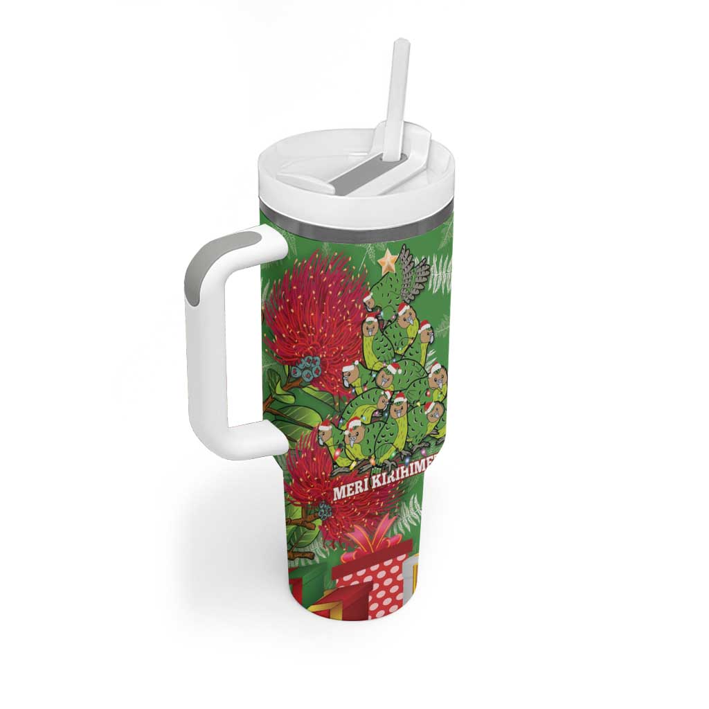 Kakapo New Zealand Christmas Tumbler With Handle Meri Kirihimete Pohutukawa - Green Color LT14 - Polynesian Pride