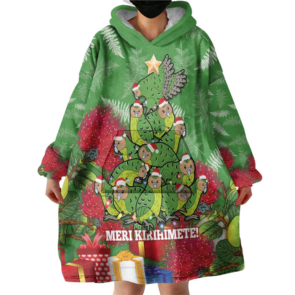 Kakapo New Zealand Christmas Wearable Blanket Hoodie Meri Kirihimete Pohutukawa - Green Color LT14 - Polynesian Pride