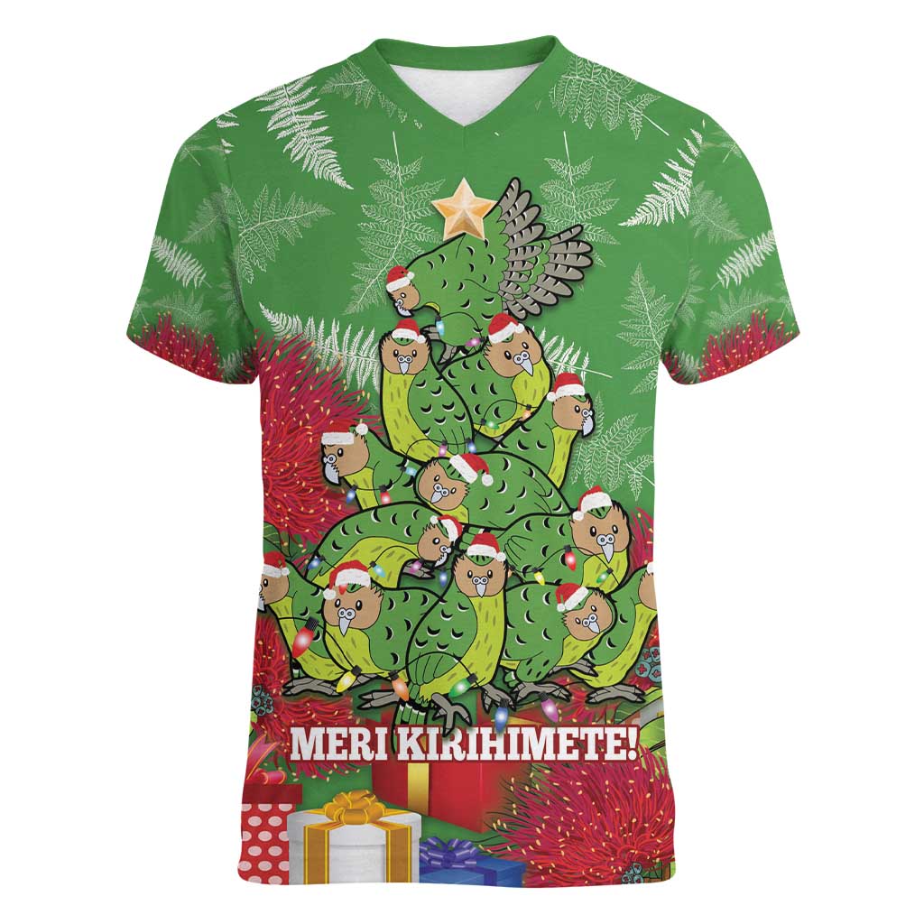 Kakapo New Zealand Christmas Women V-Neck T-Shirt Meri Kirihimete Pohutukawa - Green Color LT14 Female Green - Polynesian Pride