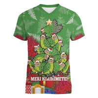 Kakapo New Zealand Christmas Women V-Neck T-Shirt Meri Kirihimete Pohutukawa - Green Color LT14 Female Green - Polynesian Pride