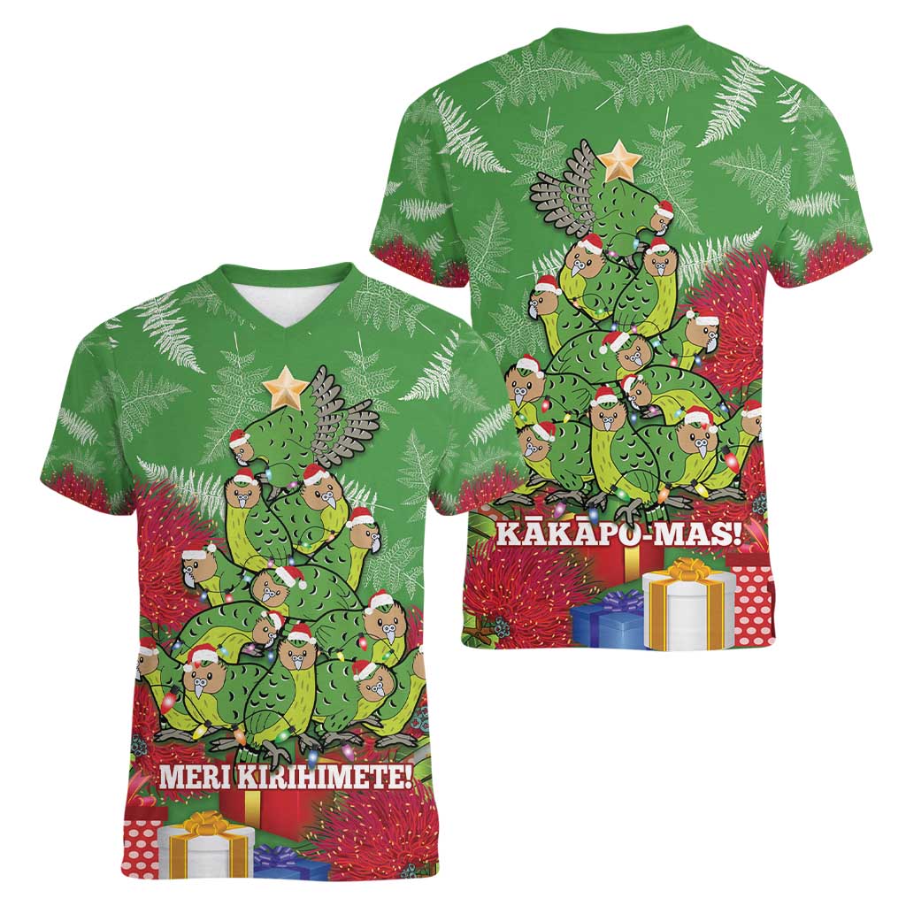 Kakapo New Zealand Christmas Women V-Neck T-Shirt Meri Kirihimete Pohutukawa - Green Color LT14 - Polynesian Pride