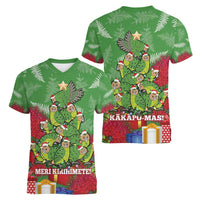 Kakapo New Zealand Christmas Women V-Neck T-Shirt Meri Kirihimete Pohutukawa - Green Color LT14 - Polynesian Pride