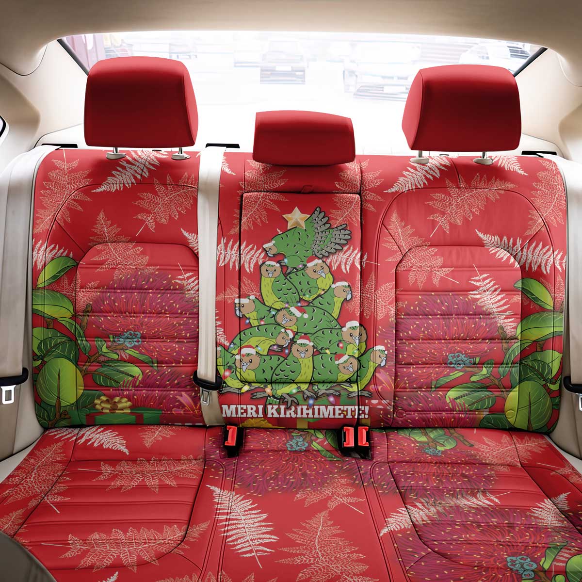 Kakapo New Zealand Christmas Back Car Seat Cover Meri Kirihimete Pohutukawa - Red Color LT14 - Polynesian Pride