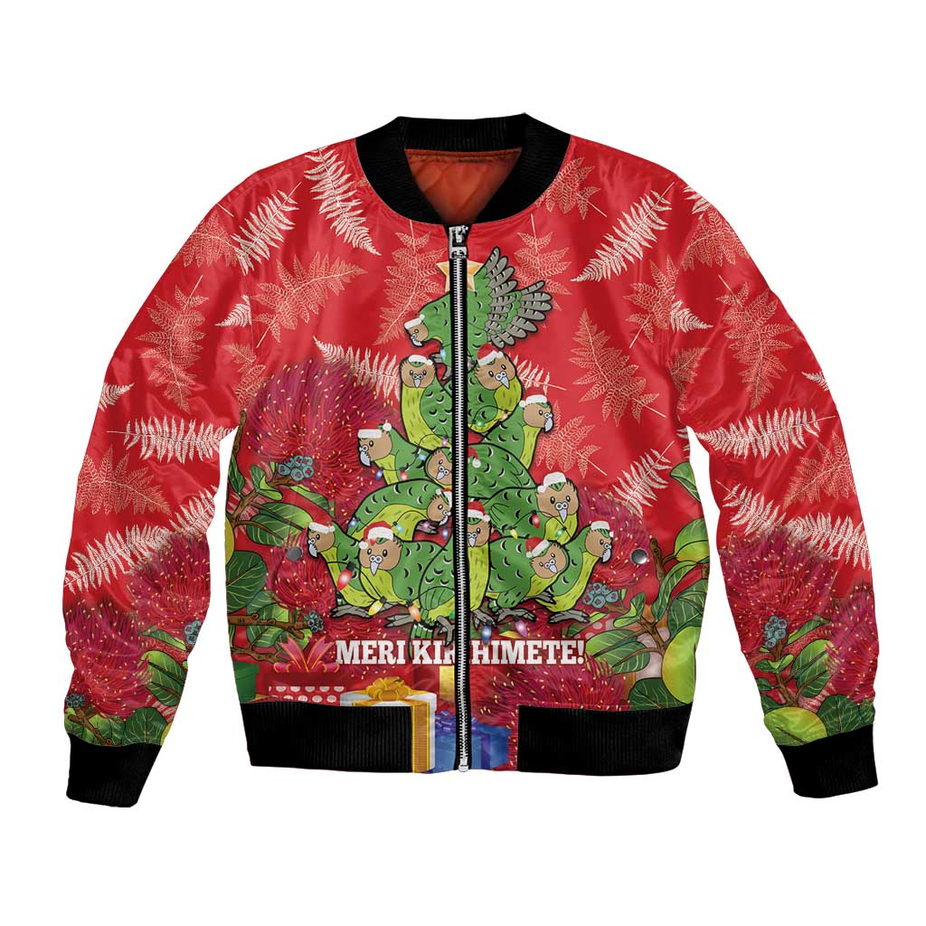Kakapo New Zealand Christmas Bomber Jacket Meri Kirihimete Pohutukawa - Red Color LT14 Unisex Red - Polynesian Pride