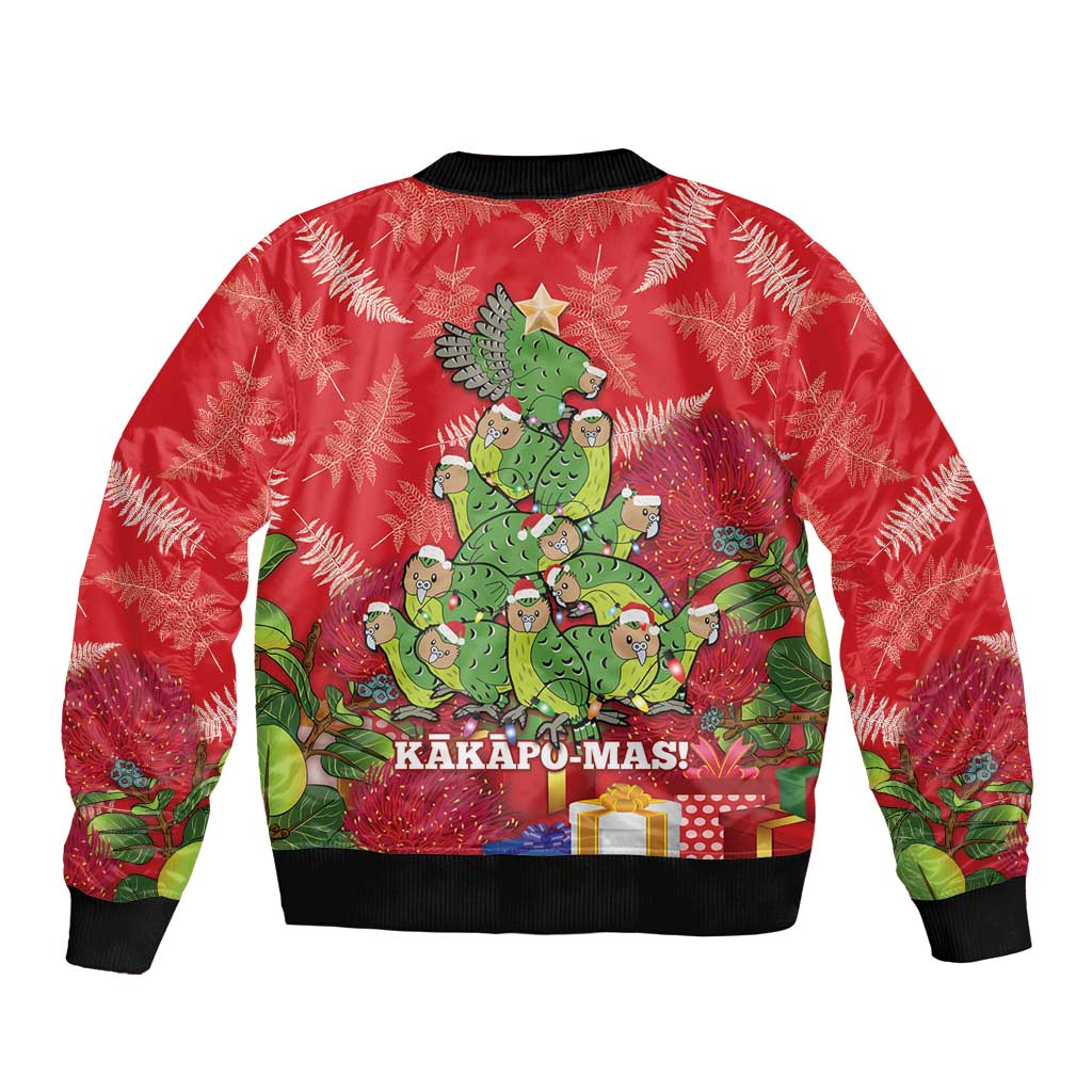 Kakapo New Zealand Christmas Bomber Jacket Meri Kirihimete Pohutukawa - Red Color LT14 - Polynesian Pride