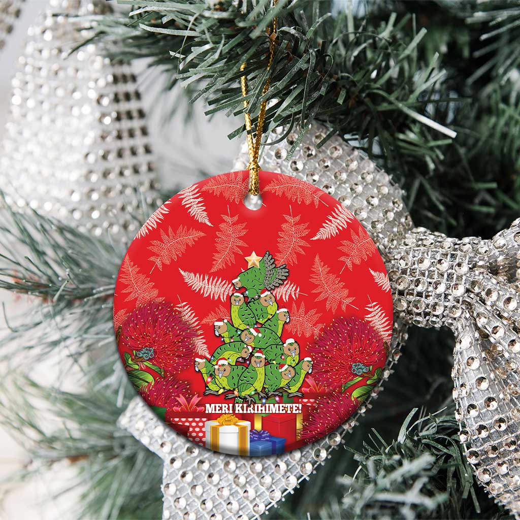 Kakapo New Zealand Christmas Ceramic Ornament Meri Kirihimete Pohutukawa - Red Color LT14 - Polynesian Pride