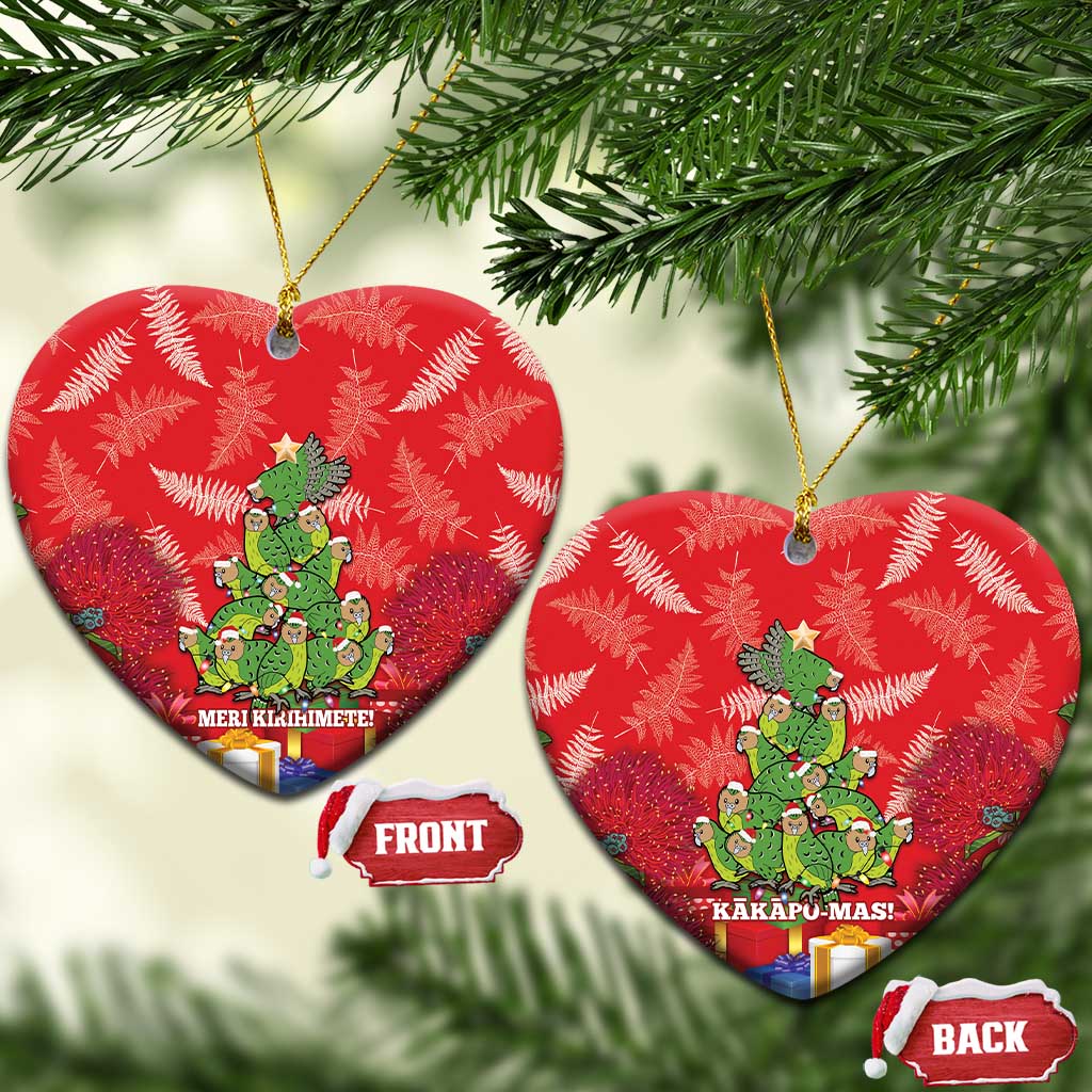 Kakapo New Zealand Christmas Ceramic Ornament Meri Kirihimete Pohutukawa - Red Color LT14 Heart Red - Polynesian Pride