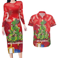 Kakapo New Zealand Christmas Couples Matching Long Sleeve Bodycon Dress and Hawaiian Shirt Meri Kirihimete Pohutukawa - Red Color LT14 Red - Polynesian Pride