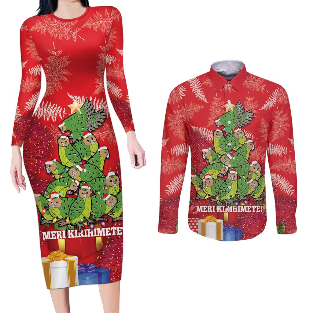 Kakapo New Zealand Christmas Couples Matching Long Sleeve Bodycon Dress and Long Sleeve Button Shirt Meri Kirihimete Pohutukawa - Red Color LT14 Red - Polynesian Pride