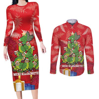 Kakapo New Zealand Christmas Couples Matching Long Sleeve Bodycon Dress and Long Sleeve Button Shirt Meri Kirihimete Pohutukawa - Red Color LT14 Red - Polynesian Pride