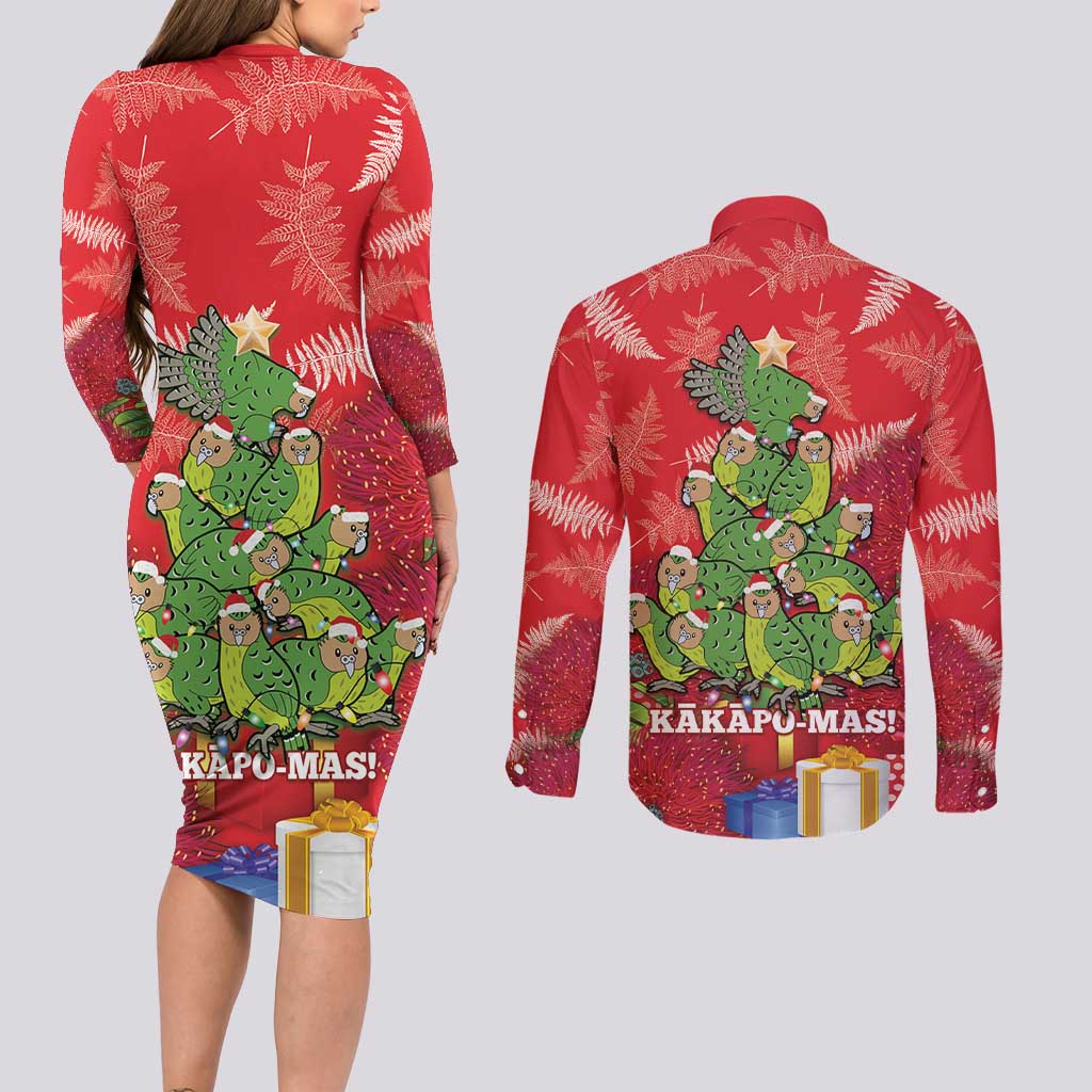Kakapo New Zealand Christmas Couples Matching Long Sleeve Bodycon Dress and Long Sleeve Button Shirt Meri Kirihimete Pohutukawa - Red Color LT14 - Polynesian Pride