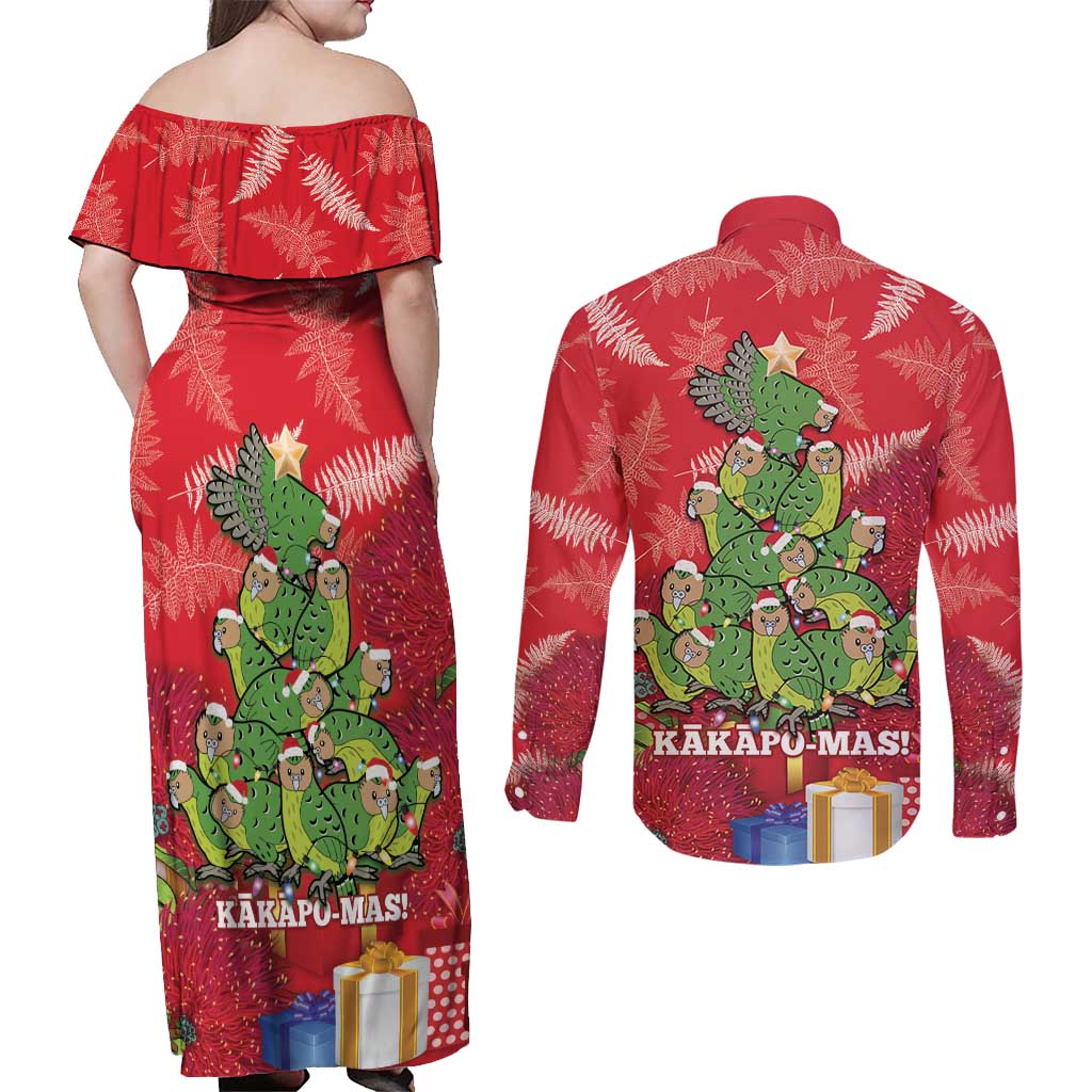 Kakapo New Zealand Christmas Couples Matching Off Shoulder Maxi Dress and Long Sleeve Button Shirt Meri Kirihimete Pohutukawa - Red Color LT14 - Polynesian Pride