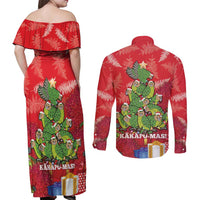 Kakapo New Zealand Christmas Couples Matching Off Shoulder Maxi Dress and Long Sleeve Button Shirt Meri Kirihimete Pohutukawa - Red Color LT14 - Polynesian Pride
